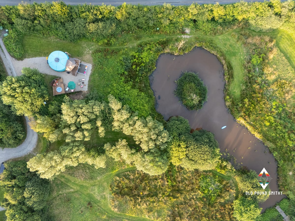 Aerial shot of the lake at Old Pound Smithy