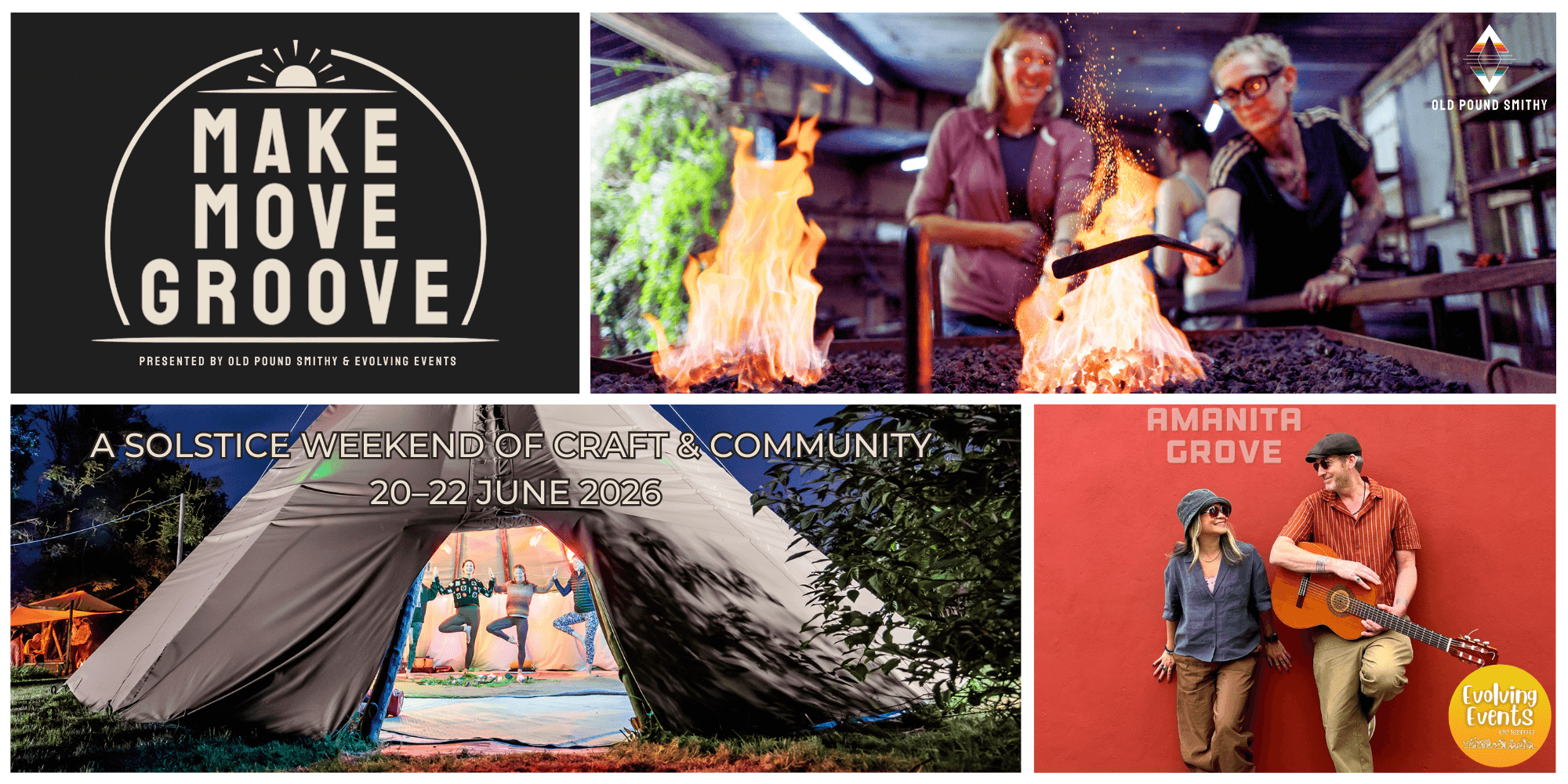 collage of people at a blacksmith hearth, doing yoga and performers for Make Move and Groove Festival at Old Pound Smithy in June 2026