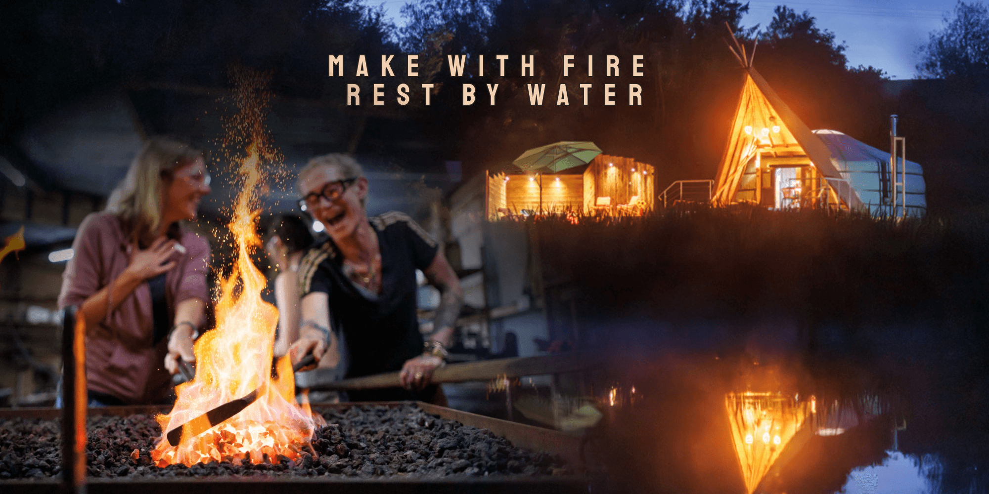 two people at a forge with an image of a yurt in the background